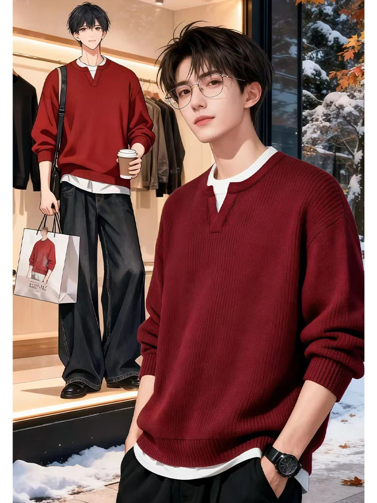 

Новогодний красный мужской свитер-имитация двойки в американском стиле, утепленный, зимний, высококачественный, вязаный, базовый слой, красный цвет