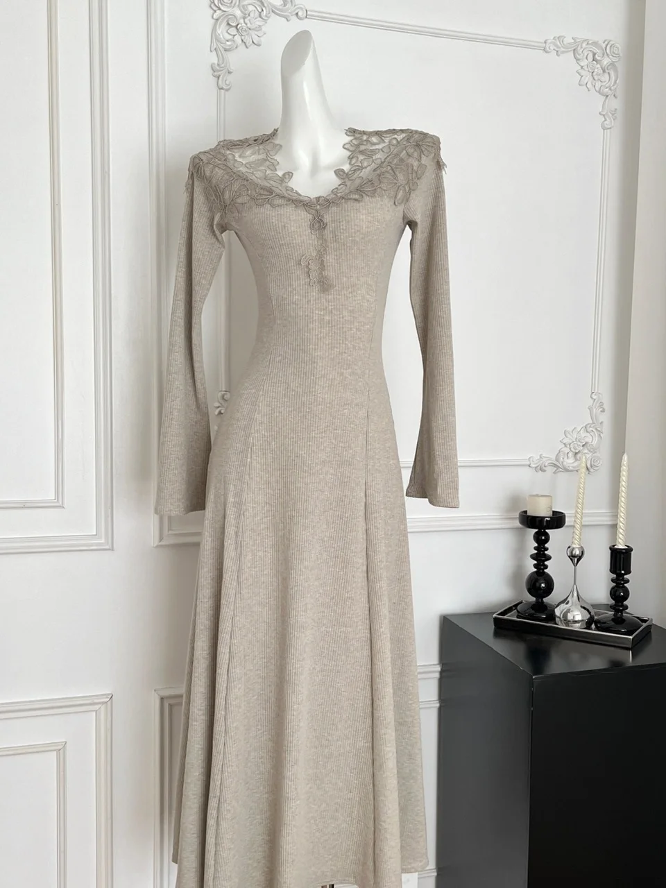 Ele renda v-ne malha dr feminino cintura alta fino ajuste a linha na altura do joelho vestido para o outono par usar malha macia dr