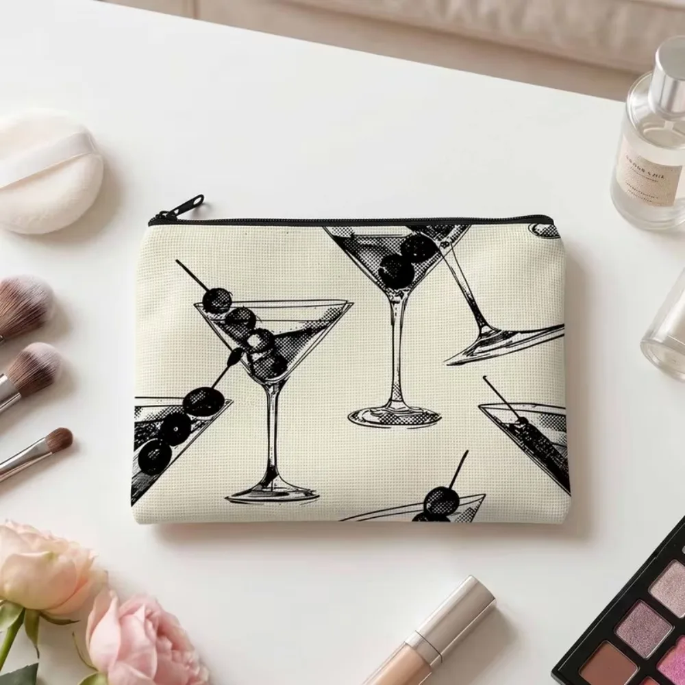Retro Martini Glass Pattern Makeup Bag Cocktail Sketch Canvas Zipper Cosmetic Pouch Portable Travel Toiletry Organizer Purse