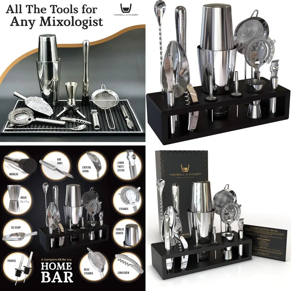 

Stainless Steel 13-Piece Cocktail Shaker Set with Stand and Engraved Tools | Includes 30 Recipe E-Book for Home Bartending