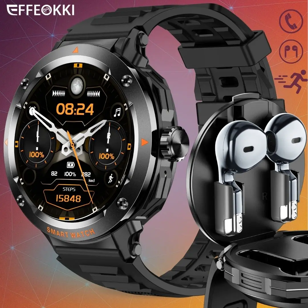 

EFFEOKKI 2 in 1 Smartwatch with Earphones Wireless Call Music 1.46 Inch HD Screen Sport Fitness Tracker for iPhone Android Phone