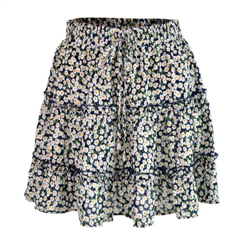 2021 Summer Autumn  European American Women's High Waist Ruffle Floral Skirt Printed Beach A-line Skirt Girls Navy Broken Flower