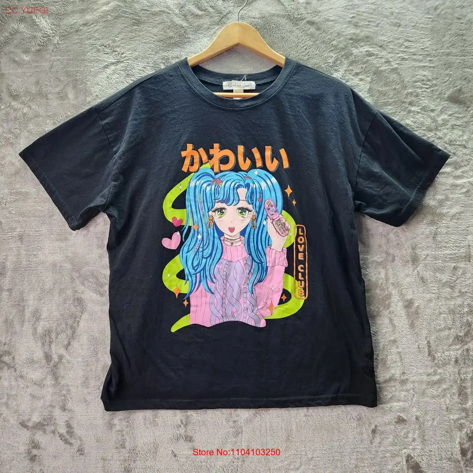 Birch and Stone Kawaii Anime Girl T Shirt Love Club Y2K Aesthetic Black vintage Washed streetwear designer clothes Slightly
