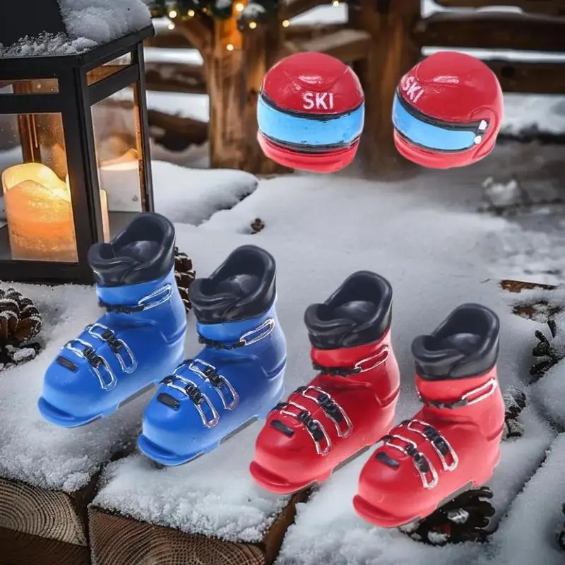 Escena de esquí de invierno en miniatura, decoración para casa de muñecas con patines de hielo a escala 1:12 y gorros de esquí