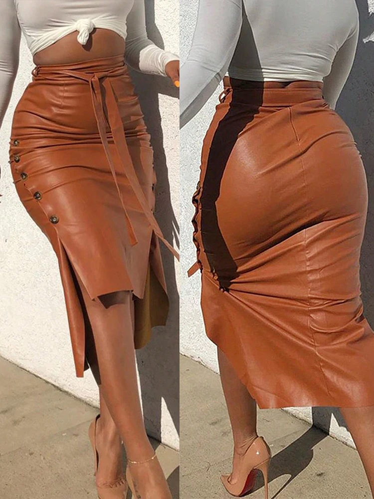 

Стильная однотонная длинная юбка с высокой талией, женские облегающие юбки из искусственной кожи с пуговицами, женская одежда для ночного клуба, женские юбки