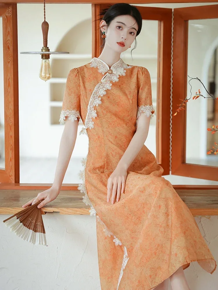 

New Chinese Vintage Cheongsam Women's Dress Summer Orange Retro Lace Standing Neck Elegant Qipao Slim Fit Sexy Vestidos Robe