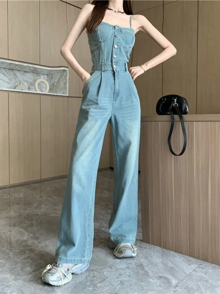 Jeans Spring Overalls Pant Women Sleeveless Slip Slim Fashion Ladies Trousers Korean Style Wide Leg Pleated Woman Long Pants