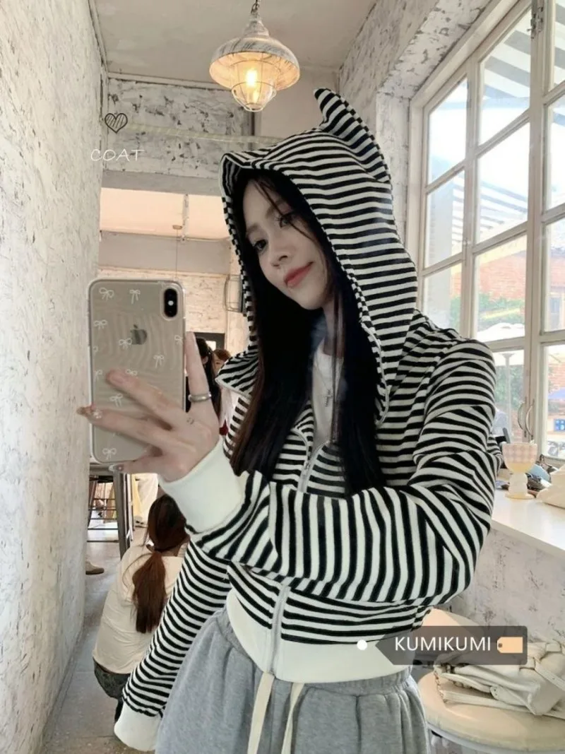 Cat Ears Striped Hoodies Women Devil Horns Hooded Short Jacket Spring Autumn Outerwear Female Zip Up Coat Korean Style 2026