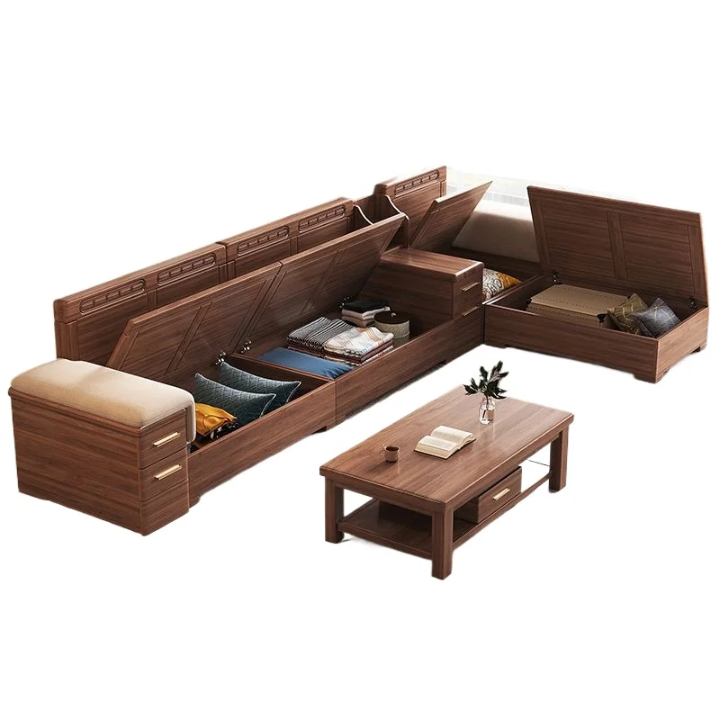] Chinese walnut solid wood sofa combination modern simple living room small apartment winter and summer dual-purpose storage