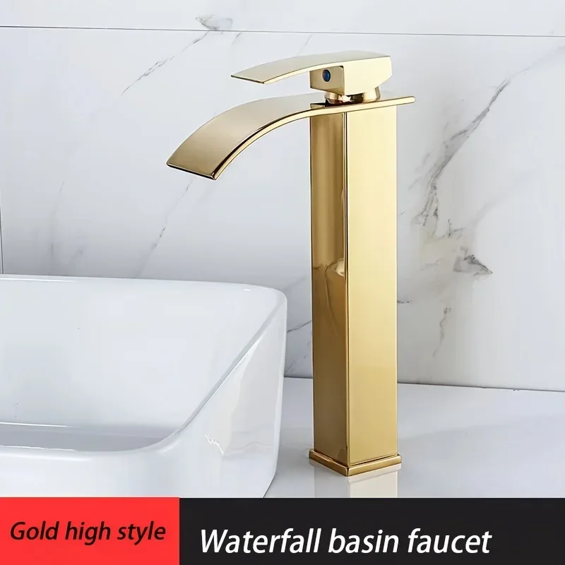 Single Rod High Bathroom Basin Faucet Gold Polished Brass Hot Water Mixer Washing Faucet Single Hole Deck Mount Bath Sink