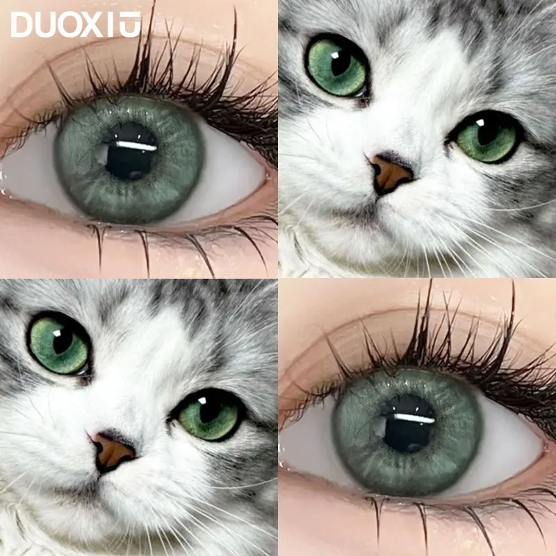 DuoXiu 1Pair Color Contact Lenses New Product Lan Cat Sclera Blue Green Lenses Degree Prescription -0.00 to -8.00 Beauty Pupils