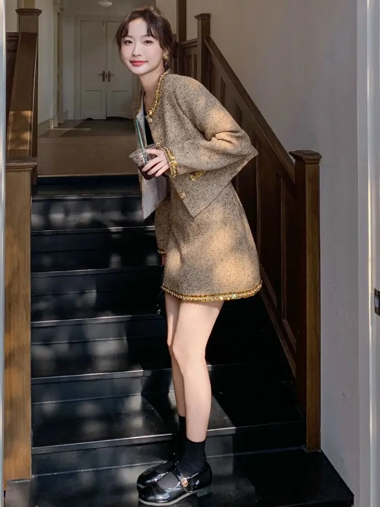 

Tweed Jacket Coat Woman Womens Summer Chunky Webbed Heavy-Duty Stitched Stripes Contrast Ruffles Puffed Pleated Puffy Cute Daily