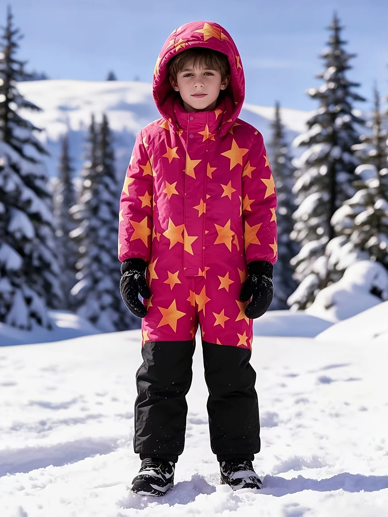 Kids Ski Suit One Piece Windproof Warm Snowsuit Hooded Star Printed Winter Jumpsuit Boys Girls Snowboard Overalls