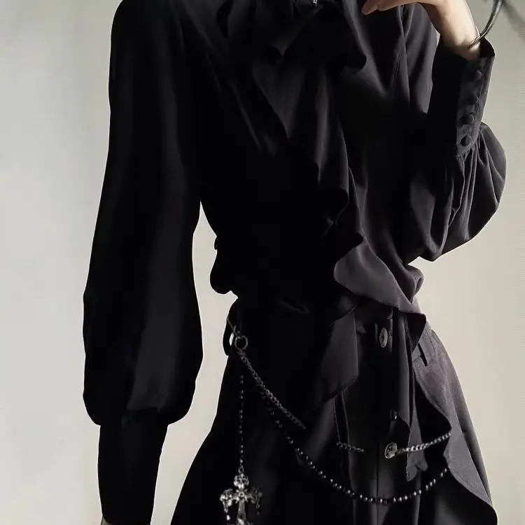 2ピースパンツセット レディース ブリティッシュスタイル カジュアル 原宿系 日本風ブラウス + ルーズヴィンテージブラックパンツ 2000年代 日本風ヴィンテージスーツ