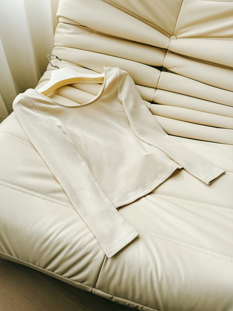 

Мягкий утепленный вязаный базовый топ с длинным рукавом, универсальный, бежевый, стройнящий, высокого качества, новый, весенний, женский