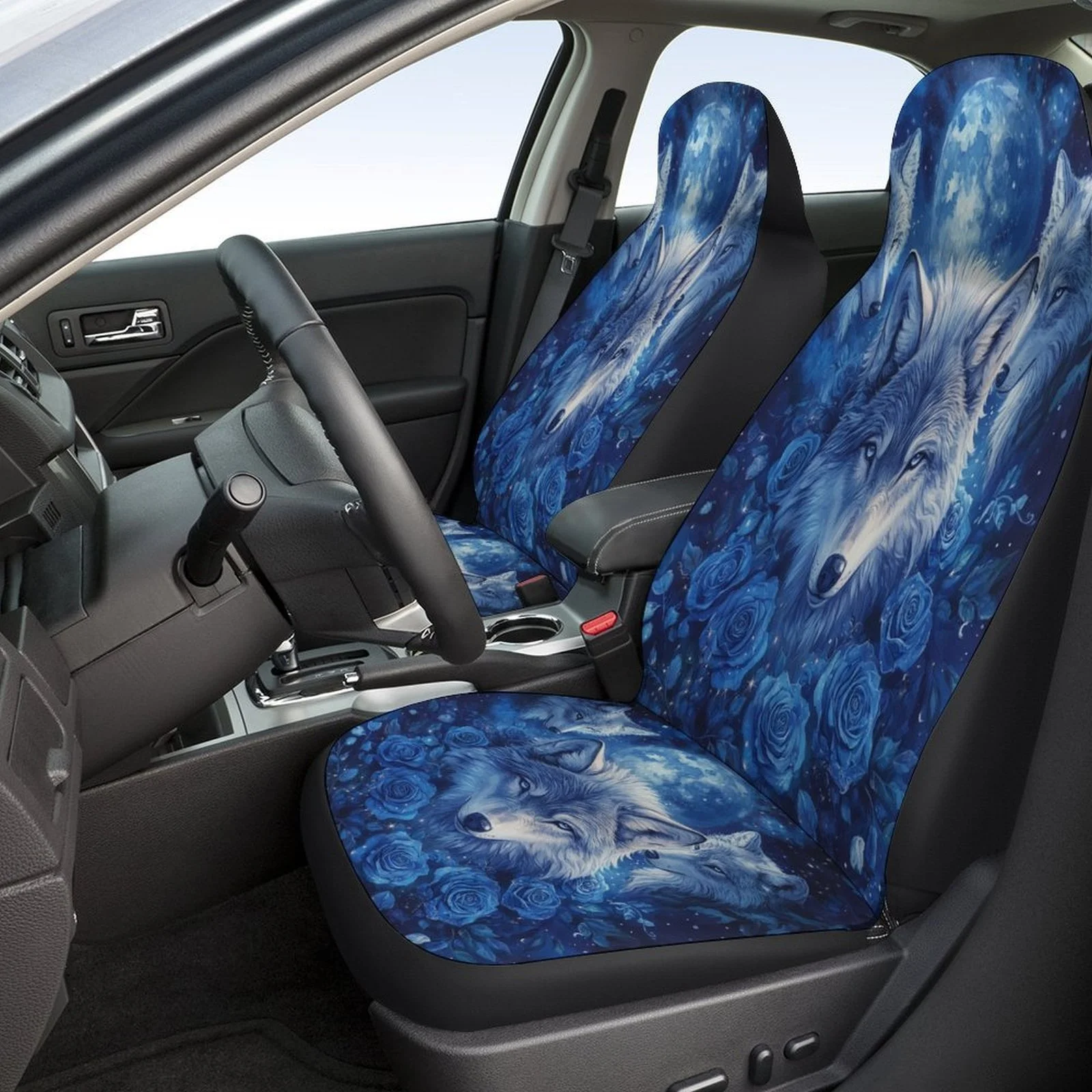 Set Of Car Seat Covers Featuring A Wolf Moon And Roses Design, Suitable For Various Vehicles. This Stylish And Unique Full Set I