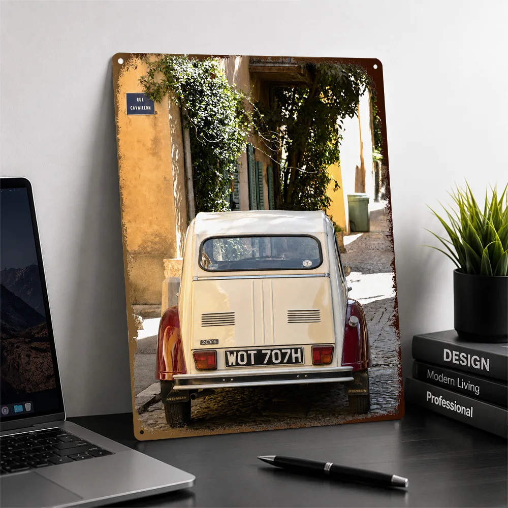 France 2CV6 Cream Burgundy Classic Car Printed Poster Personalized Aluminum Metal Sign Collector Style Wall Art Ideal For Home