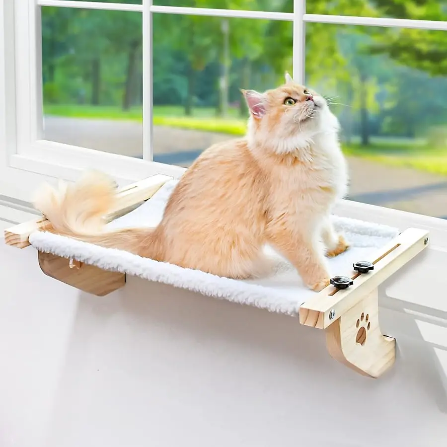 

AMOSIJOY Cat Sill Window Perch Sturdy Cat Hammock Window Seat with Wood & Metal Frame for Large Cats, Easy to Adjust Cat Bed for