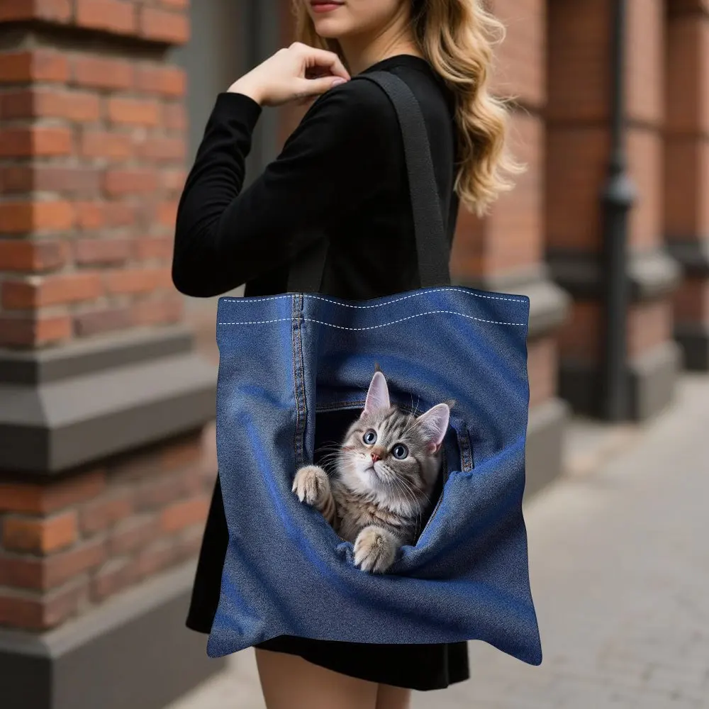 Aufbewahrungstasche, Katze späht durch Jeans, Taschenmuster, Handtasche, niedliche Tier-Tragetaschen, geeignet zum Einkaufen, Reisen, Umhängetasche – Detail 4