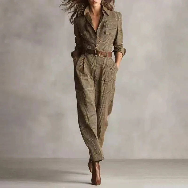 

Autumn Women Jumpsuits Retro Plaid Print Slim Long Sleeve Lapel Buttons Belt Rompers Western Cowboy Streetwear Casual Cargo Pant