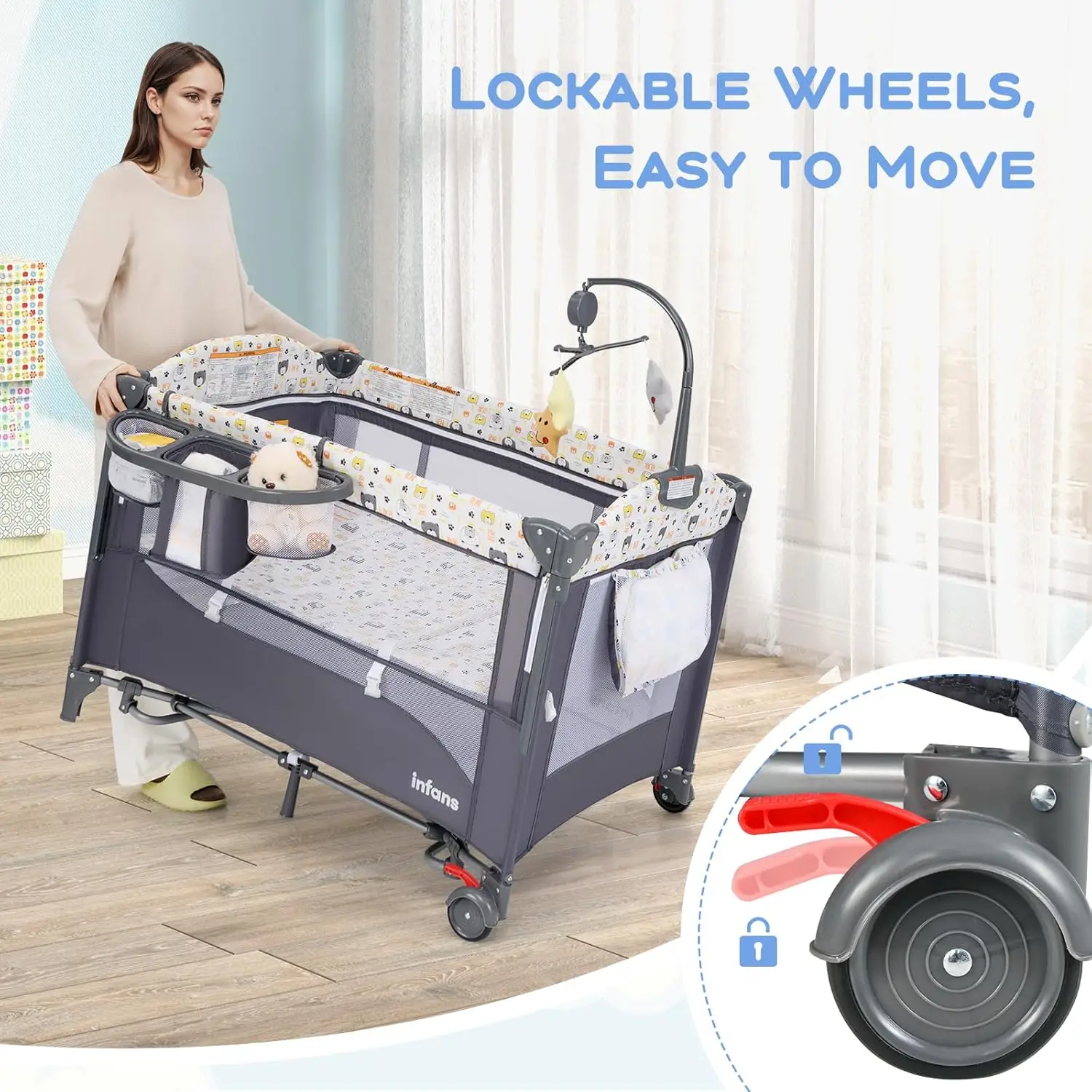 حزمة وتشغيل، 5 في 1 نائمة بجانب السرير مع سرير، مغير الحفاضات، مرتبة، حقيبة حمل، ألعاب معلقة على صندوق الموسيقى