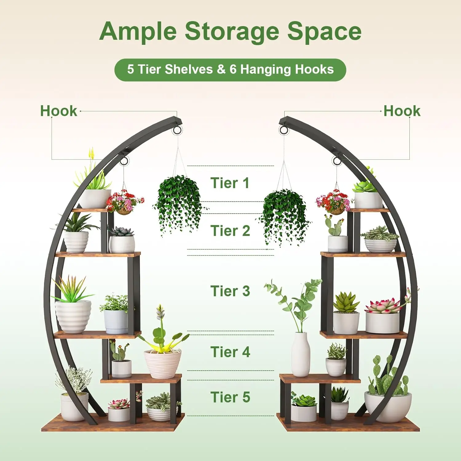 Half‑Moon Plant Stand Indoor, 5‑Tier 56 Inch Tall Curved Large Plant Shelf with Hanging Hooks, Metal Wood Plant Display Rack for Living Room Patio Balcony image 7