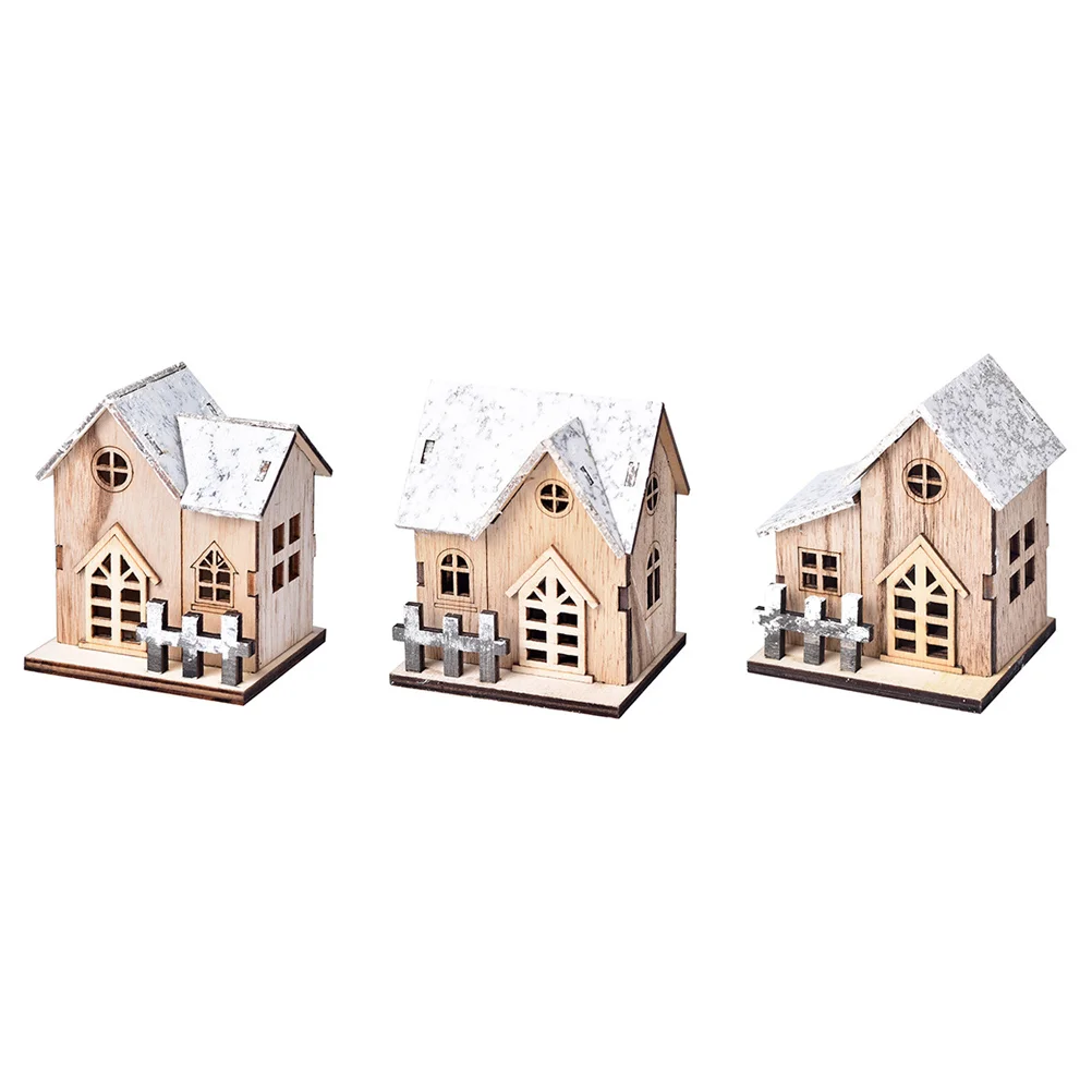 

3 Pcs Wooden Puzzle Villa Xmas Desktop Ornament Luminous House Decor Table Christmas Festival Electronic Component Scene