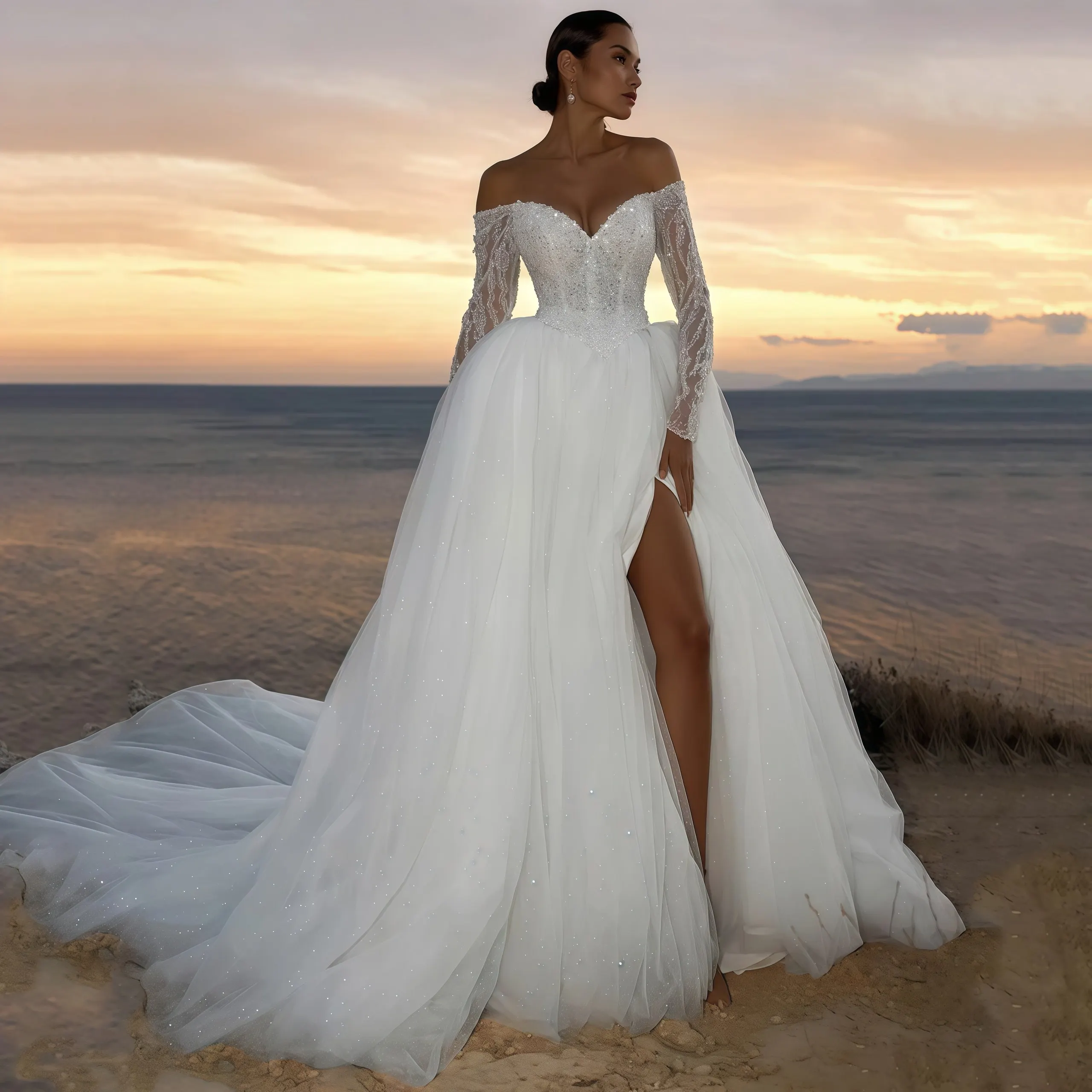 カスタマイズされたスパークリングウェディングドレスディープVネック長袖ビーズコートトレインスリットグリッターブライダルガウンローブデマリー