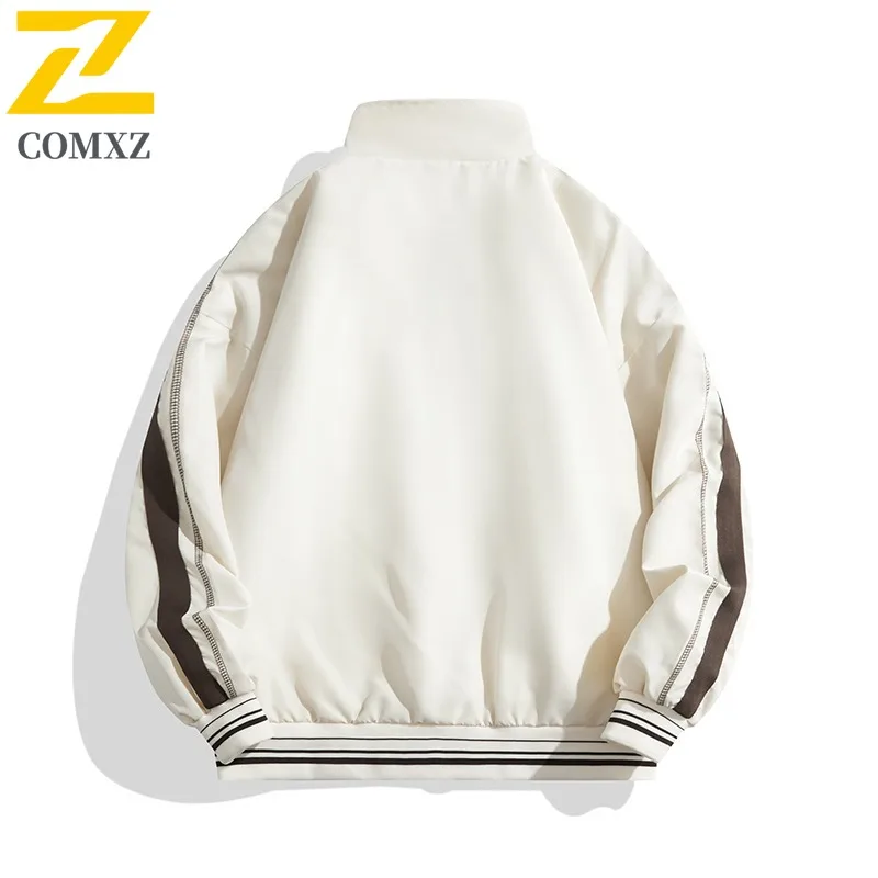 COMXZ خريف جديد الرجال ربيع الخريف العصرية فضفاضة تناسب الحد الأدنى عادية الوقوف طوق الشباب مخطط سترة زوجين ارتداء ملابس خارجية