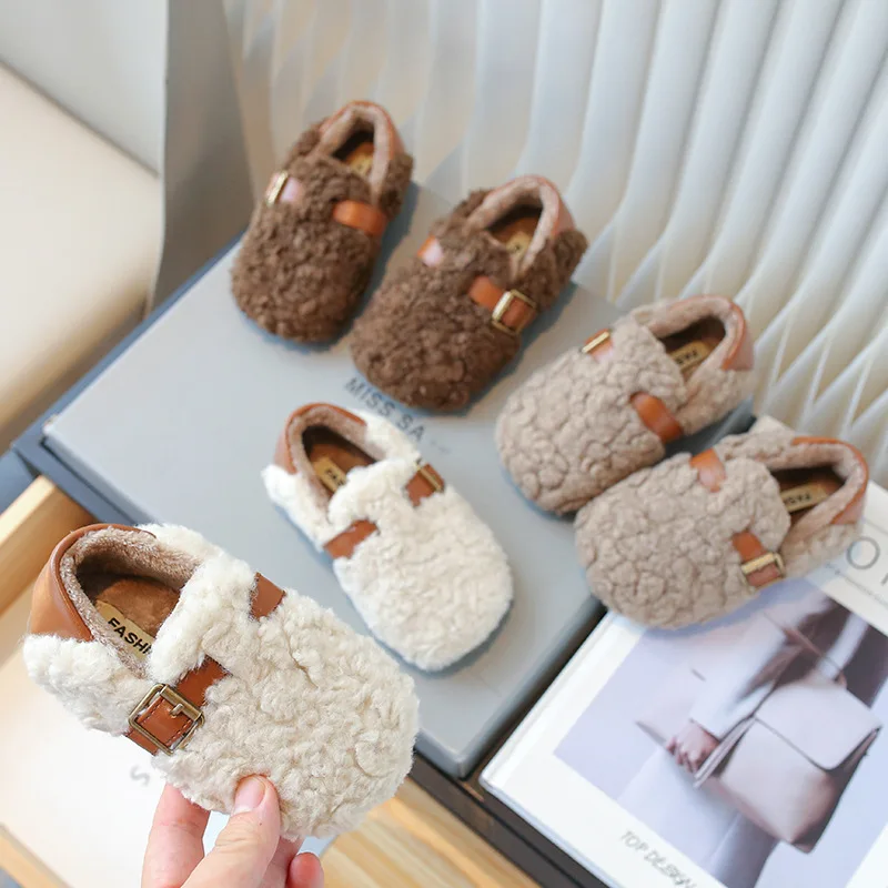 Fluffy Shoes for Girls and Cashmere Warm Boys Bean Shoes New Winter Solid Color Fashion Casual Toddler Baby Kids Shoe Zapatillas