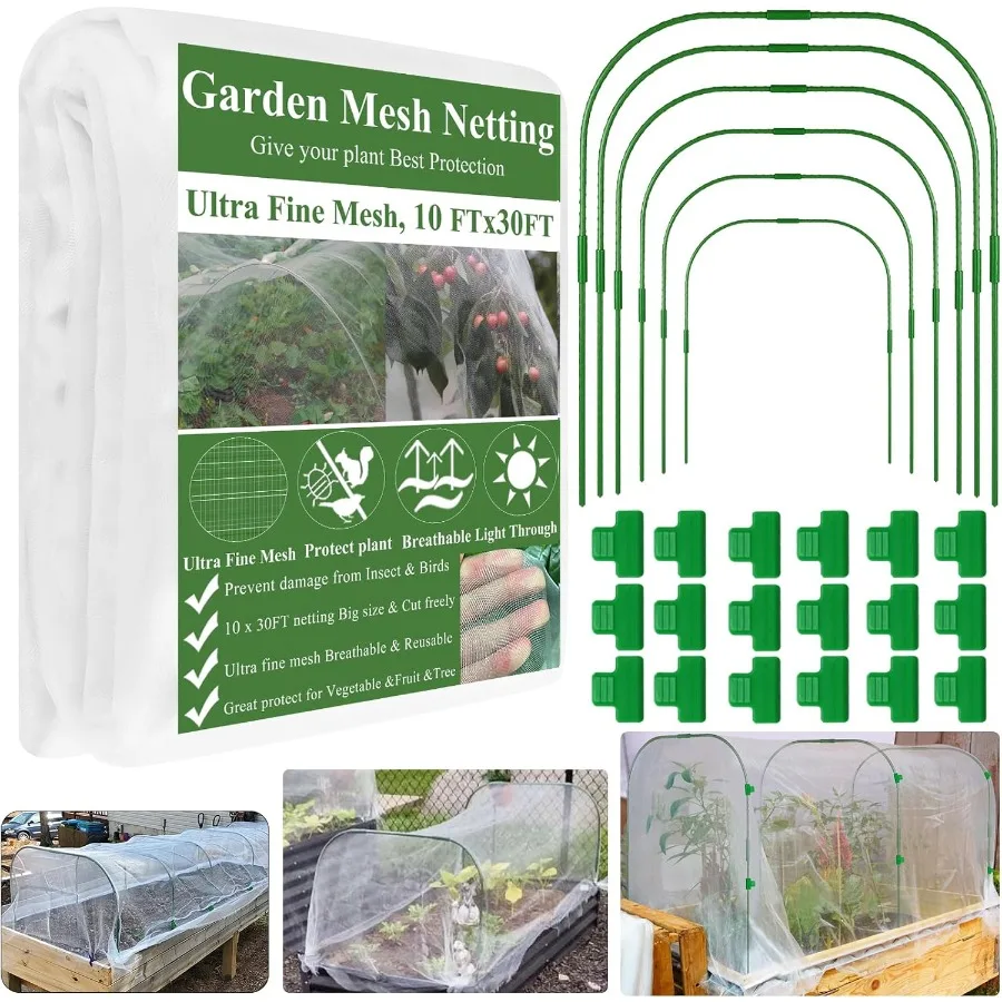 

Garden Mesh Netting Kit Plant Covers 10x30Ft Ultra Fine Mesh Netting 6Pcs Garden Hoops 18 Clip Garden Netting Kit for Raised Be