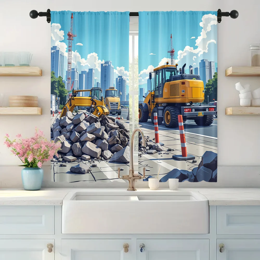 2pc,  Party Window Curtains Urban construction sites Machine Washable Fabric,Without Electricity Wall Decor Use for Holiday