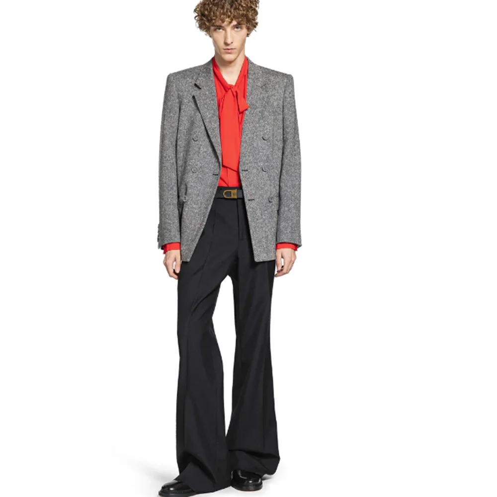 

Classical Gray Tweed Men Loose Fashion Suits 2 Piece Jacket Pant Sets Double-Breasted Notch Lapel Daily Dates Male Clothing