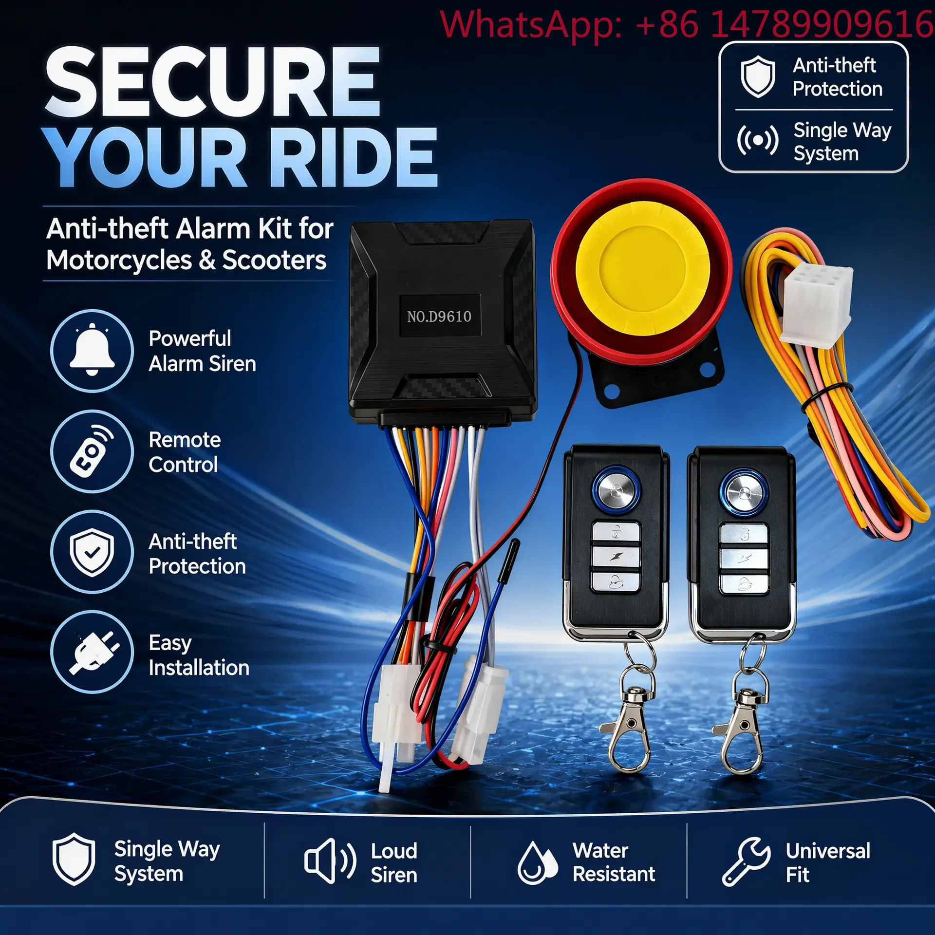 12V Universal One Way Motorcycle Security Kit with Remote Controller Waterproof Anti Theft Alarm Device Shock Sensor Loud Siren