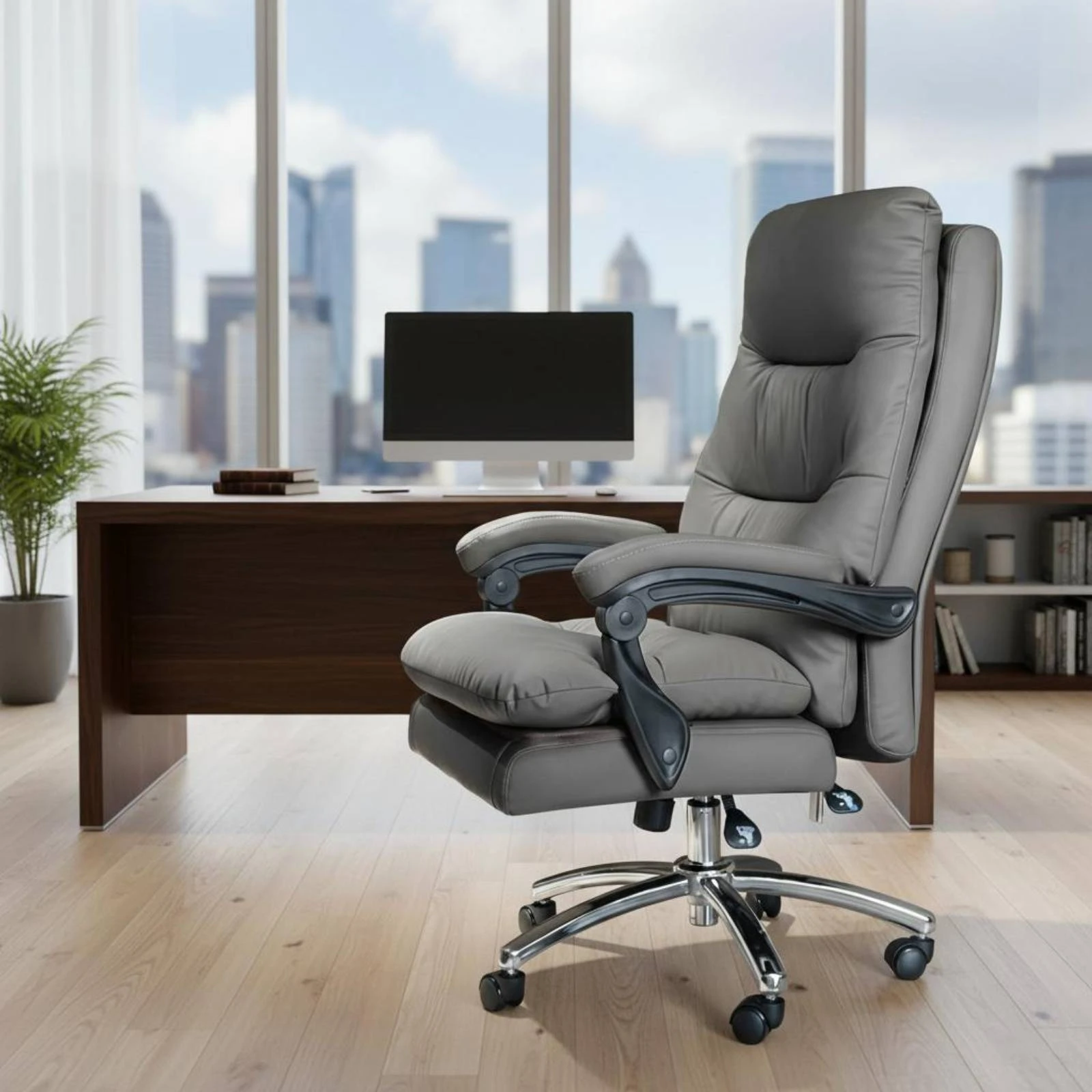 PU Leather Executive Chair Ergonomic High Back Office Chair Lumbar Support Reclining for Study Room