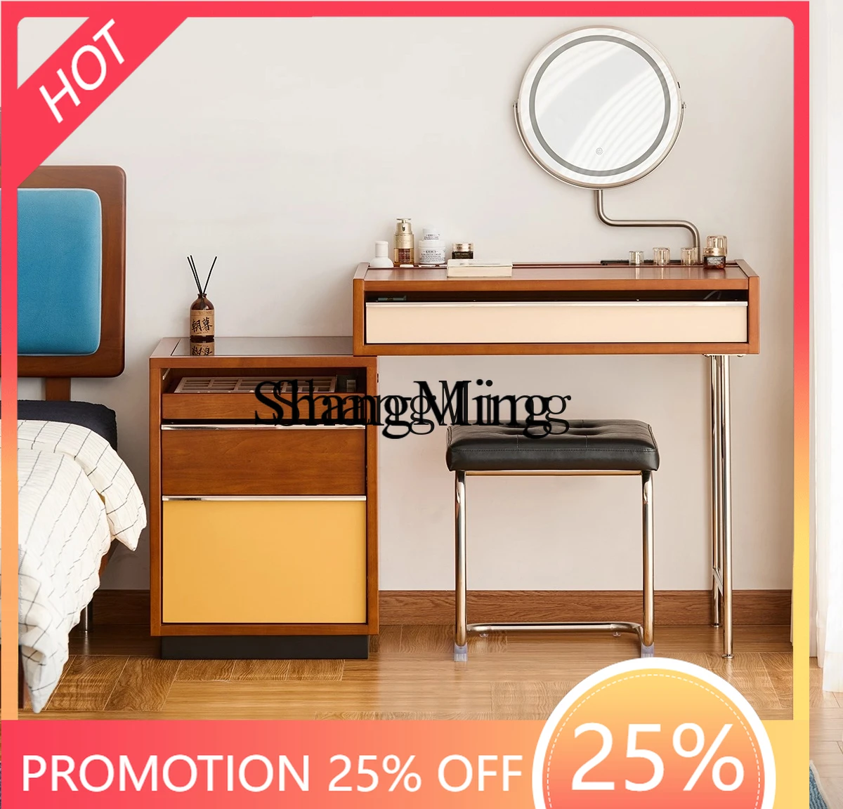 

SM Wood Dressing Table Storage Cabinet Integrated Small Apartment Master Bedroom Vintage Style Bedside Makeup Table Mirror