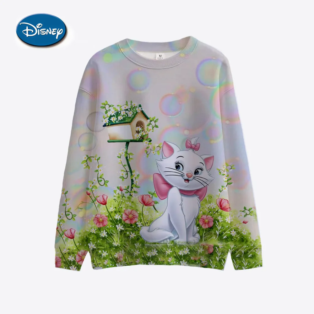 Disney Mary Cat Cartoon Printed Women\'s Sports Shirt Long Sleeve Round Neck Pattern Hoodie Couple Valentine\'s Day Gift Women\'s W