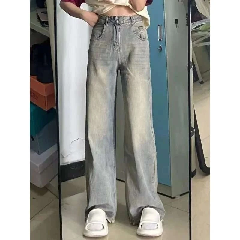 Female Korean Narrow Straight Leg Jeans Girls Retro Solid Thin Denim Pants Lady Fashion Casual High Waist Trousers