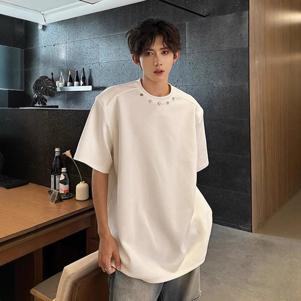 

2025 Summer New Short Sleeved T-shirt 250g Heavyweight American Style Small Collar Casual Niche Design Shoulder Pad T-shirt