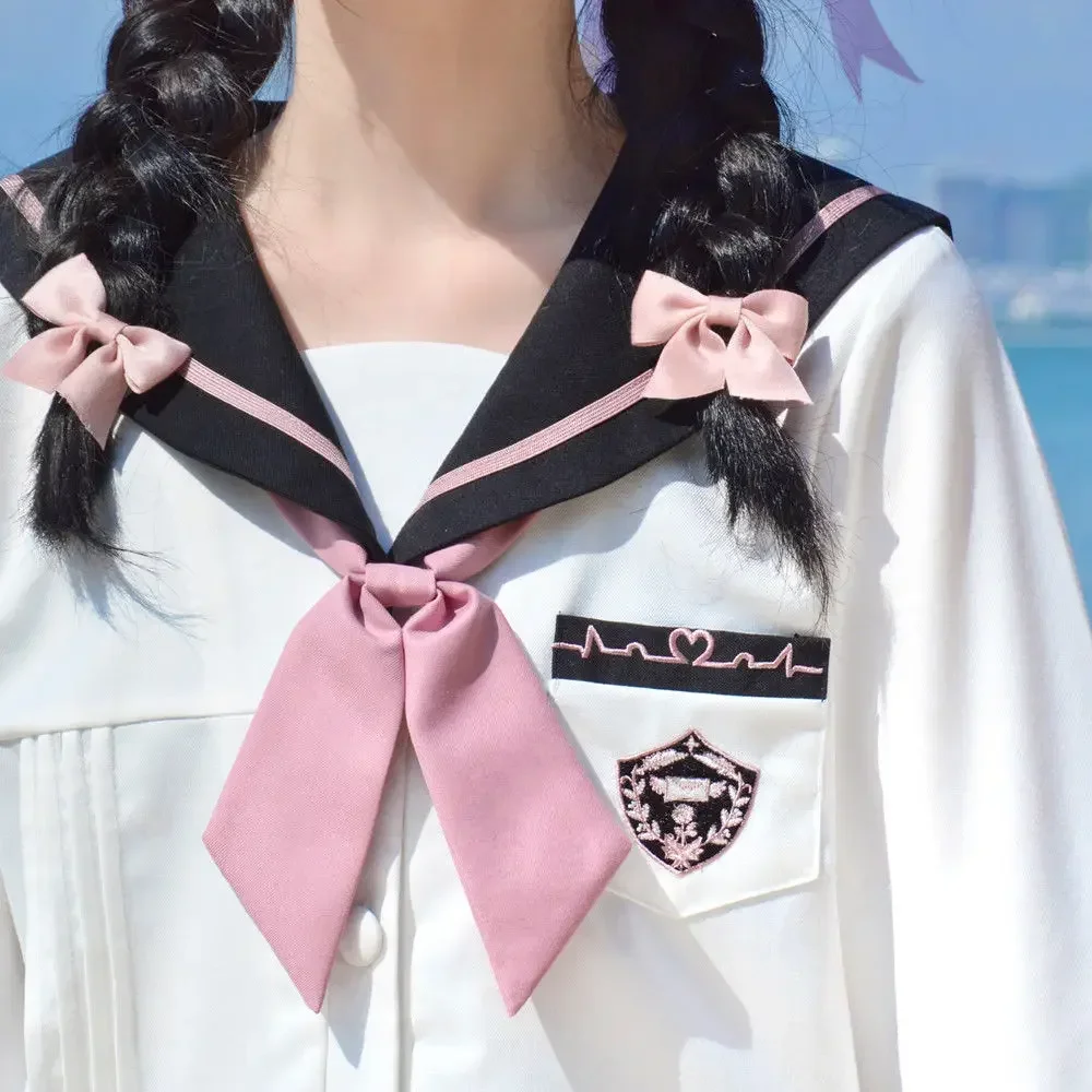 Uniforme escolar con pajarita rosa para mujer, uniforme Jk de manga larga de estilo japonés marino, uniforme de marinero de manga corta