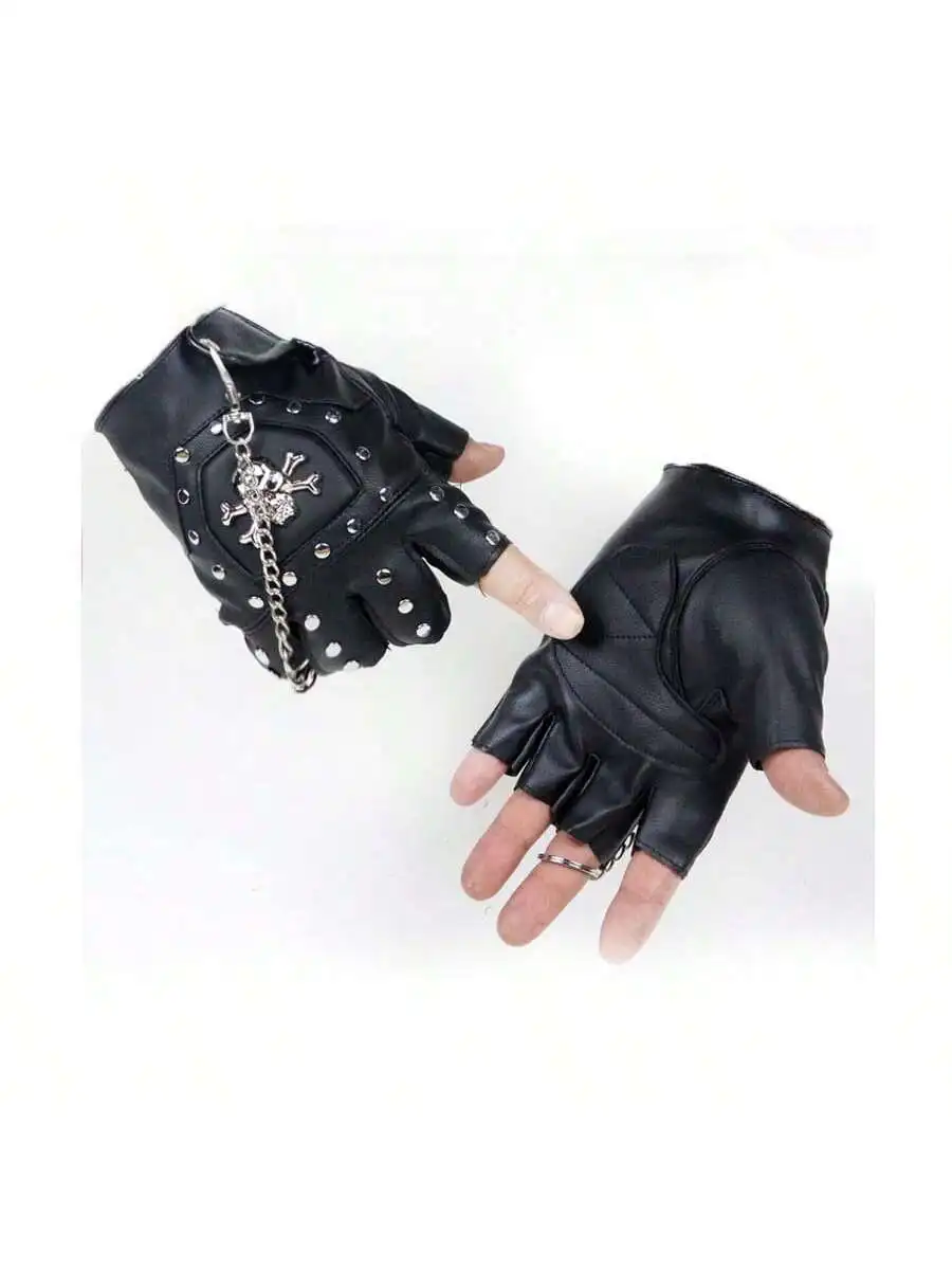 Skulls Rivet PU Leather Fingerless Gloves Men Women Fashion Hip Hop Women\'s Chain Punk Gloves Half Finger Men\'s Gloves