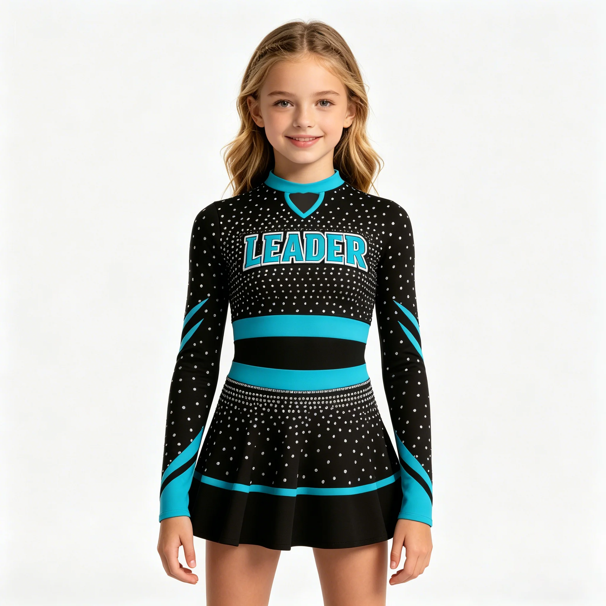 

Kids Girls Cheerleading Uniforms Long Sleeve Rhinestone Leader Print Dance CostumeColor Pleated Skirt Set School Performance