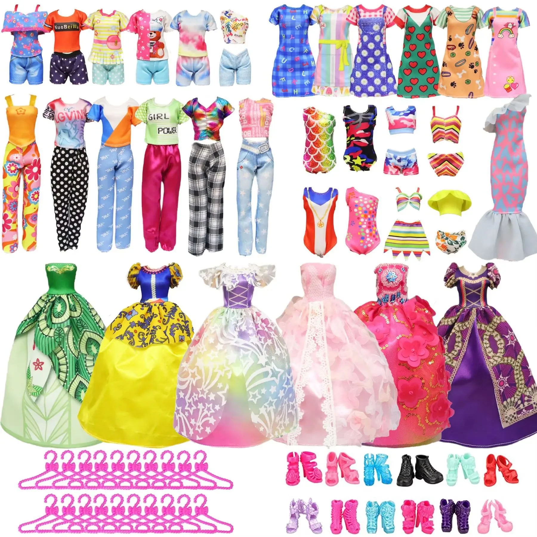 

17pcs Fashion Dolls Accessories =1 Gown +3 Dress +2 Tops & Pants +2 Swimsuit+10 Shoes Fashion Clothes set for Barbie Doll