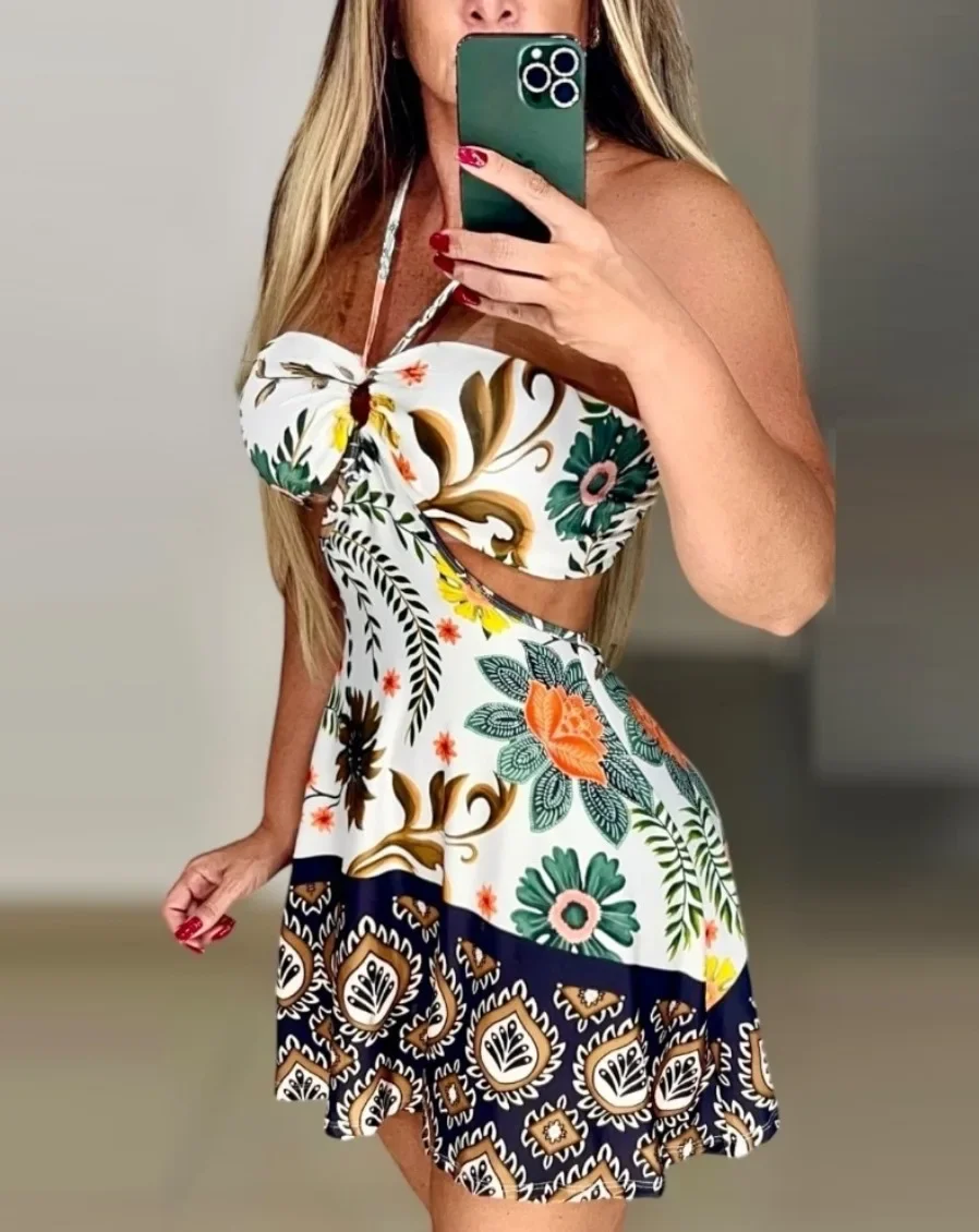 Women's Fashionable Floral Printed Off Shoulder Hanging Neck Dress Ladies Sexy Sleeveless Hollow Out Beach Dress