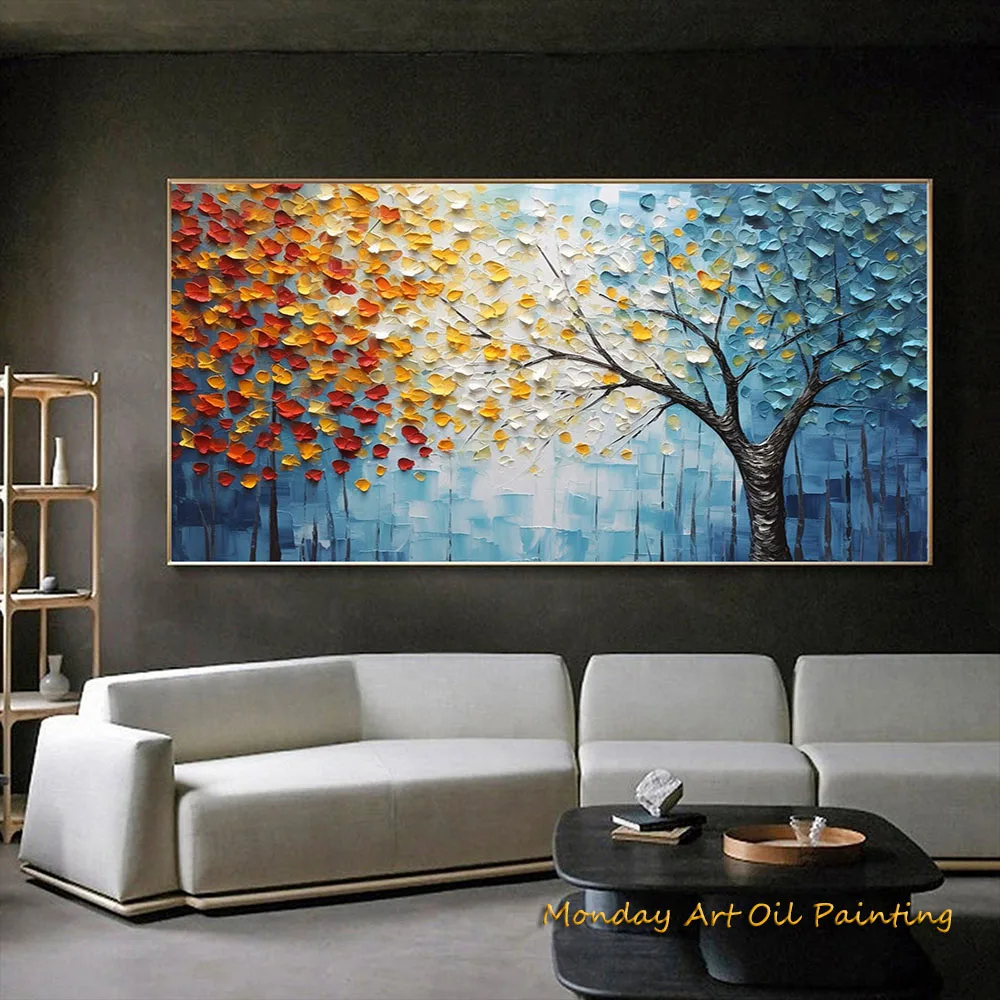 Hand Painted Large Original Tree Oil Painting On Canvas Forest Autumn Painting Living Room Art Heavy Textured Boho Wall Art