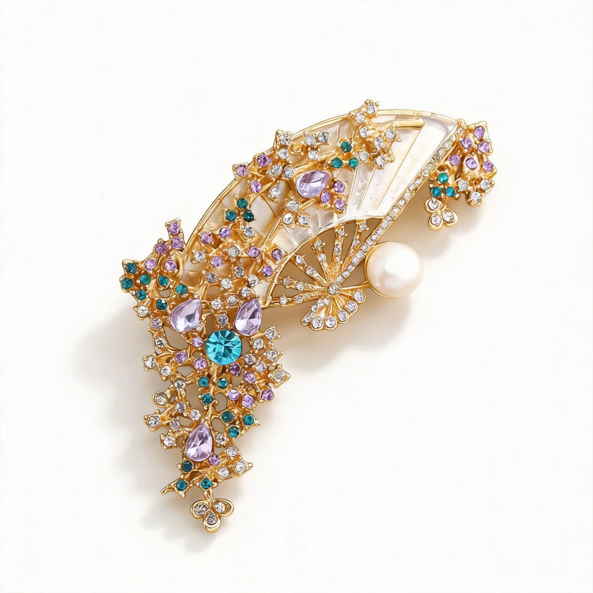 Chinese Style Lucky Folding Fan Rhinestone Brooch For Women Vintage Plum Blossom Inlaid Pearl Chest Pin Cheongsam Banquet Daily