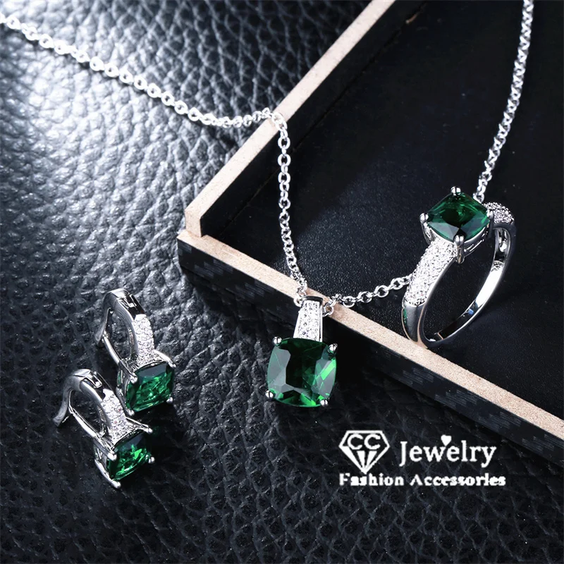 CC biżuteria w stylu Vintage zielony kolczyki z kamieniem naszyjnik zestaw pierścieni dla kobiet Sterling biżuteria zestawy ślubne Party Bijoux CCAS109