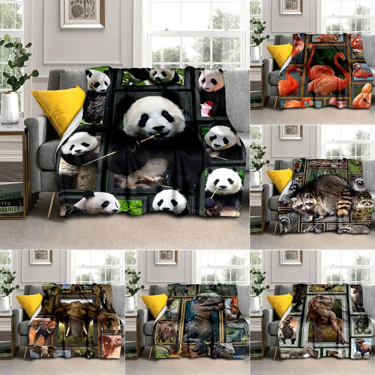 Wild Animals Pandas Flamingo Flannel Throw Blanket Super Soft Fleece Blanket All Seasons Warm for Couch Sofa Bedroom King Size