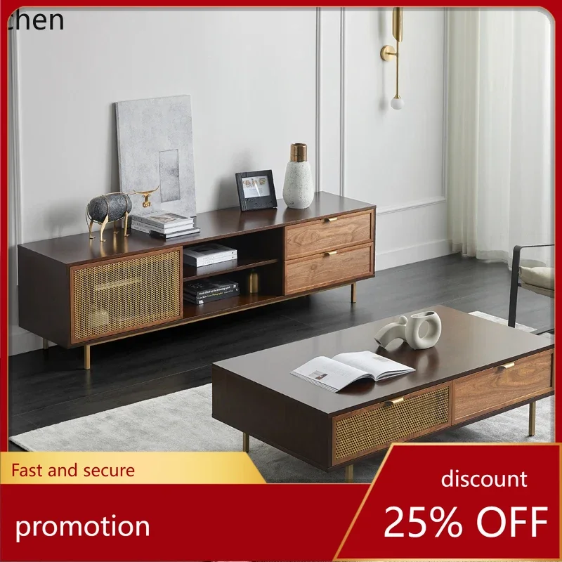 HXL Light luxury copper mesh Caroline coffee table TV cabinet combination living room small apartment solid wood tea table