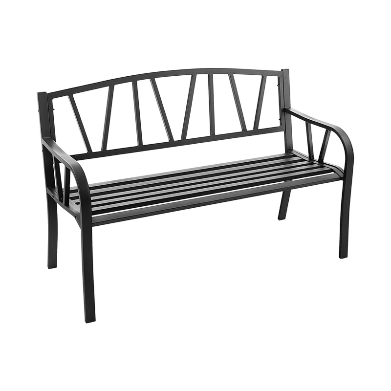 Modern Black Outdoor Porch Yard Patio Metal Garden Bench with Comfortable Armrest